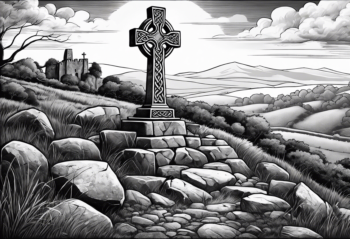 A stone Celtic cross standing solemnly atop a hill. A ruined stone wall lies crumbling near the cross tattoo idea