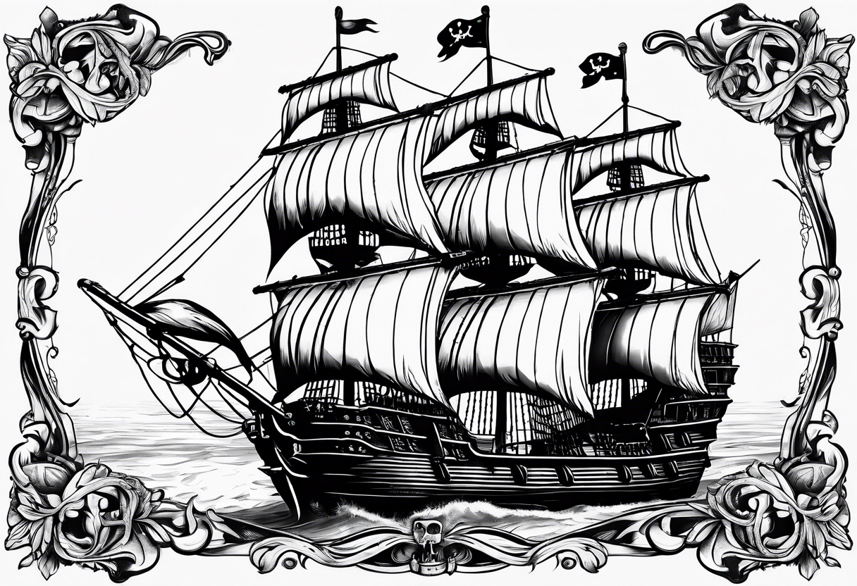 Queen Anne's Revenge pirate ship with captain Blackbeard tattoo idea