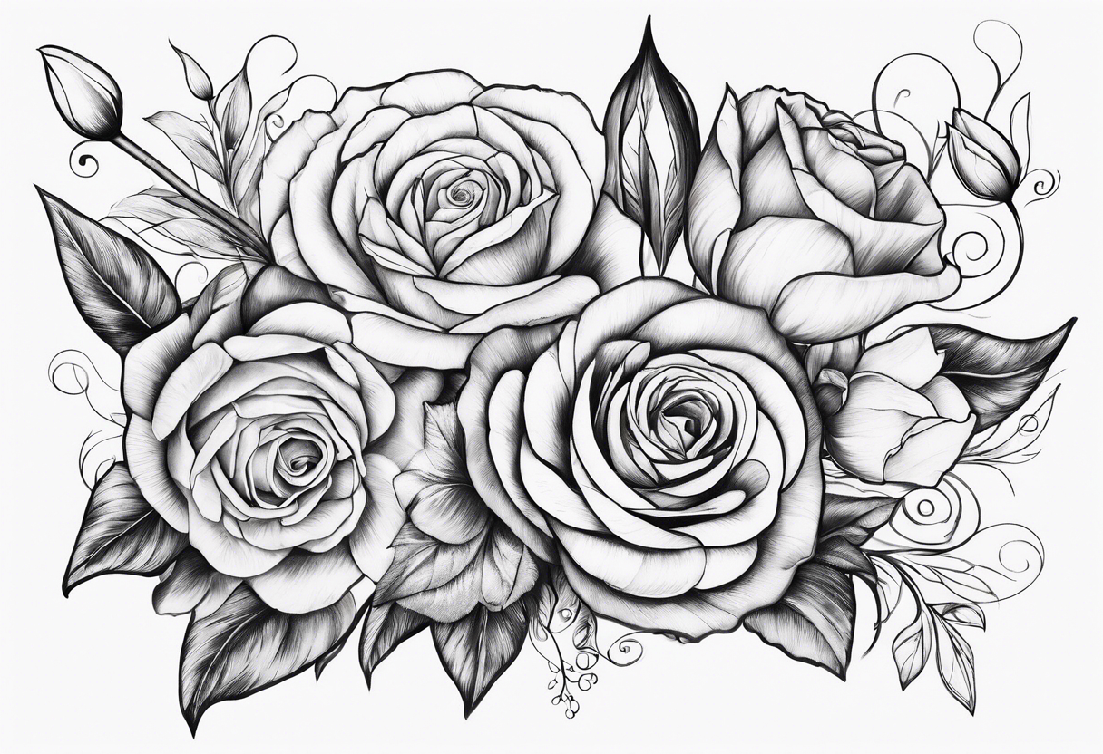 Roses and tulips with decorative swirls tattoo idea