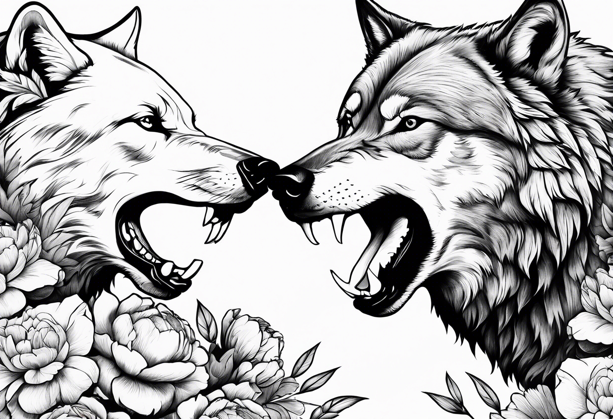 Wolf fighting with bear with peonies and smoke tattoo idea