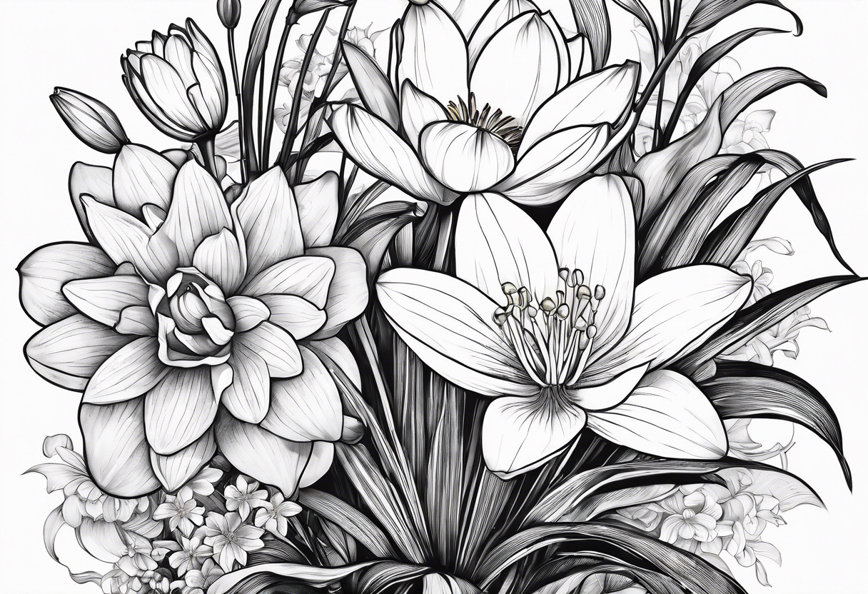 Water Lily, Lily of the Valley, Narcissus, and Gladiolus bouquet for vase tattoo idea