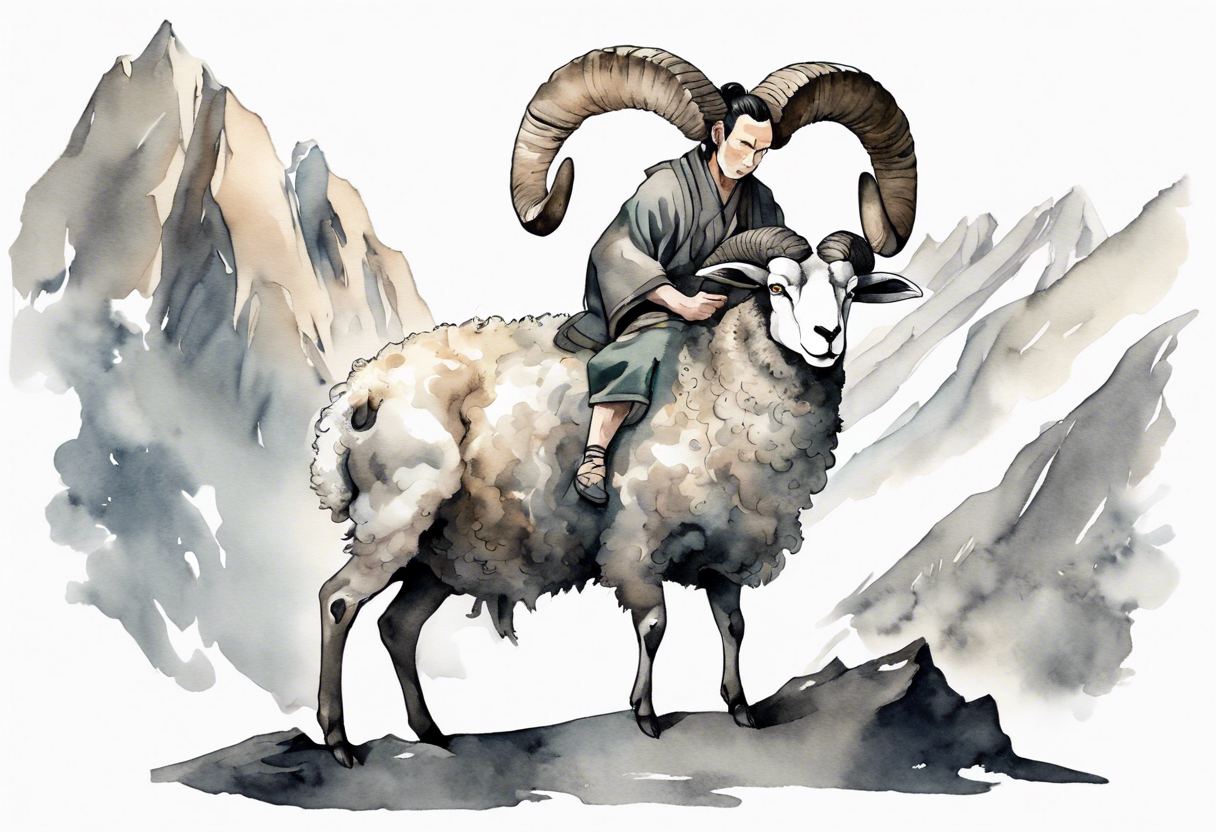 a solitary muscular man with the head of a big-horned sheep, wearing a grey tunic on a mountain tattoo idea