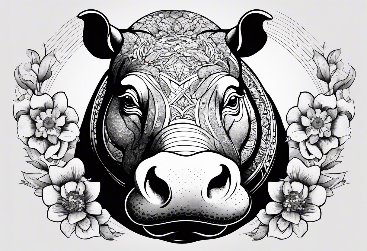 A symbolic hippo head with a detailed realistic full moon on upper right corner and wintersweet flower on lower left corner, looking like a totem tattoo idea