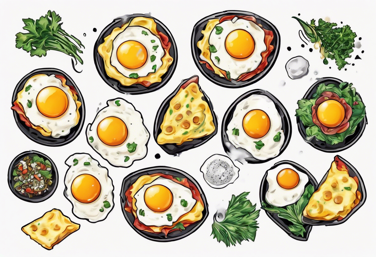 A round omlette, thin 5 fried eggs with salt pepper and a bit greens and shredded cheese on the top tattoo idea