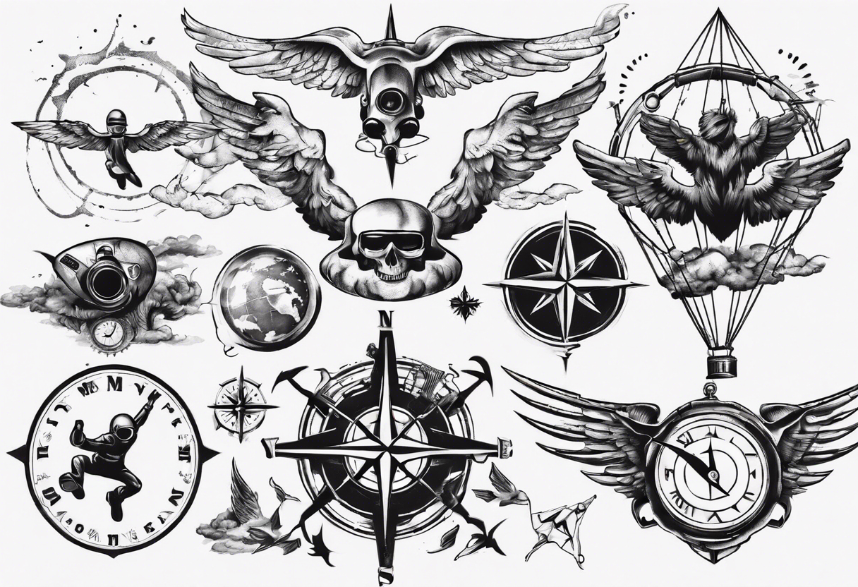 skydiving, shooting guns, adventure, compass tattoo idea