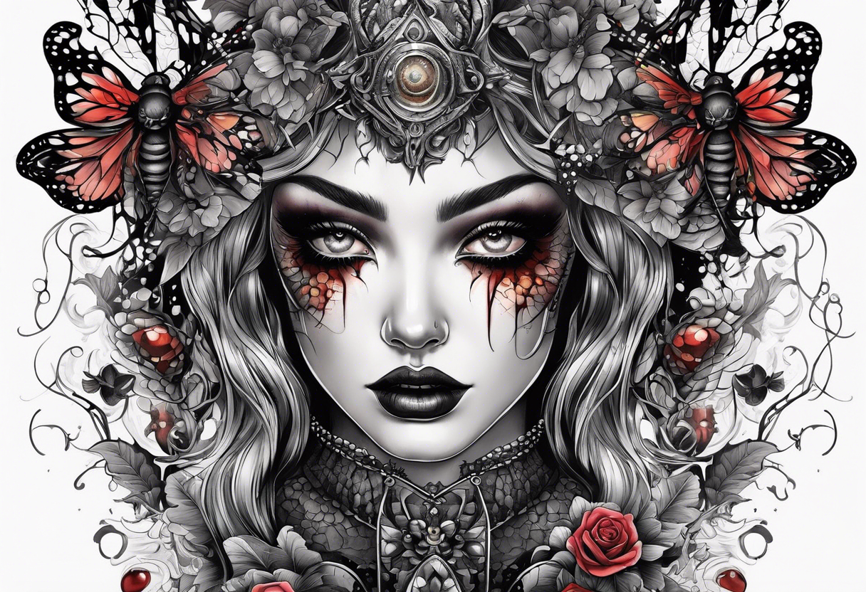 Surrealistic Gothic elements with beauty girl face with horror eyes. Realistic insects in Horror style tattoo idea