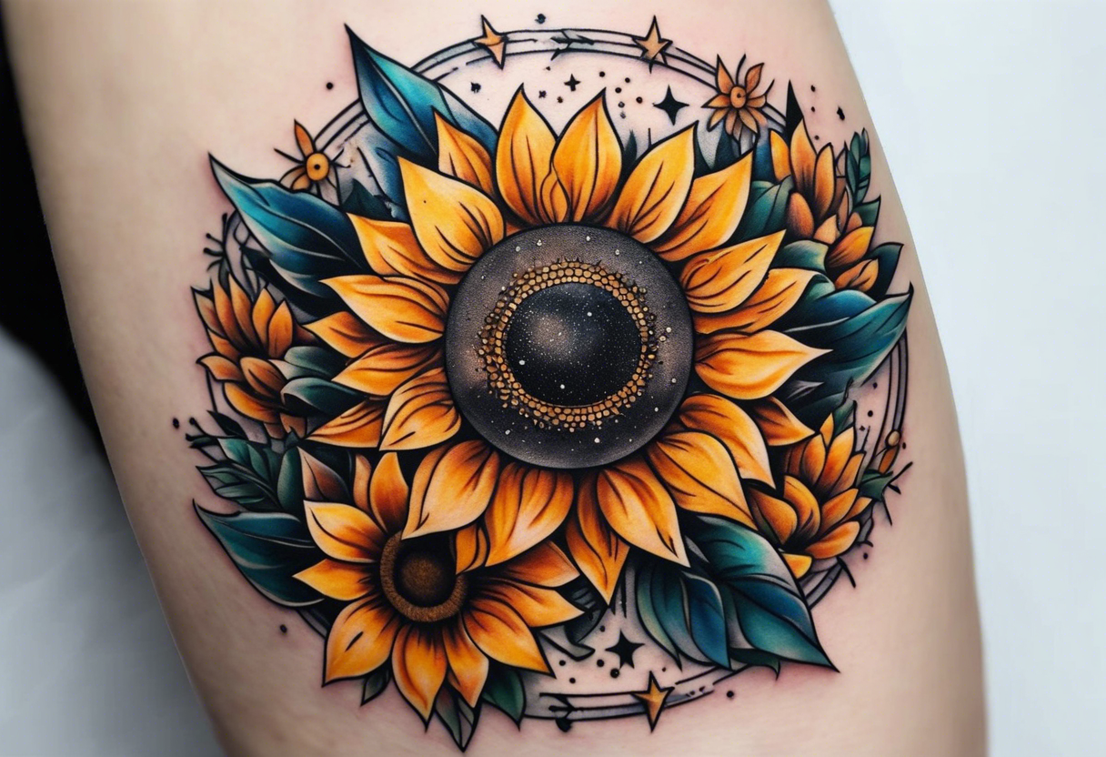 elegant small tattoo for hand with sunflower surrounded by circle of little stars and arrow tattoo idea