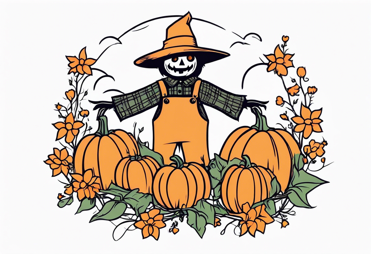 friendly scarecrow with pumpkins and flowers tattoo idea