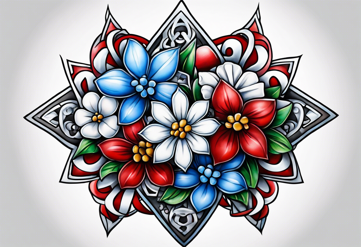 Small tattoo of a forget me knot flower, a red star, and a snowflake tattoo  idea | TattoosAI