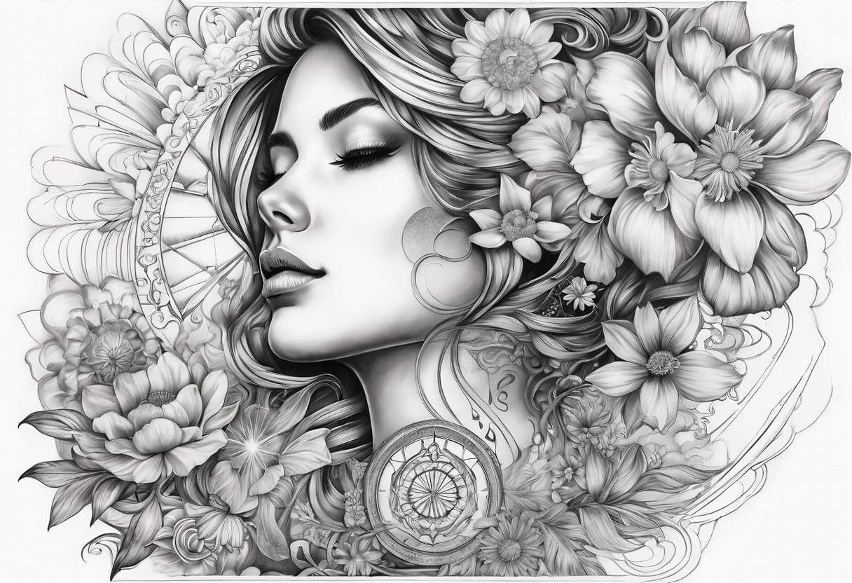 spiritual neck sleeve with stairway to heaven with clouds and rays, cosmo, iris, daisy flower and om symbol on throat
no woman in design tattoo idea