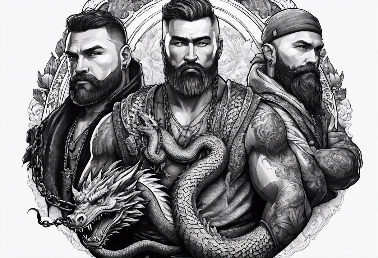 Three Russian heroes holding a dragon on a chain tattoo idea