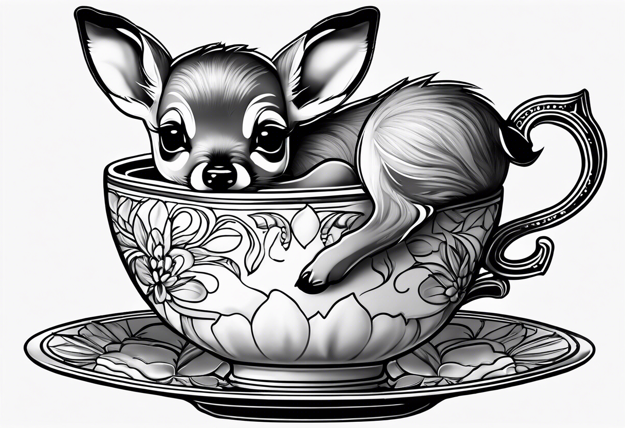 simple line art fawn fully in a teacup tattoo idea