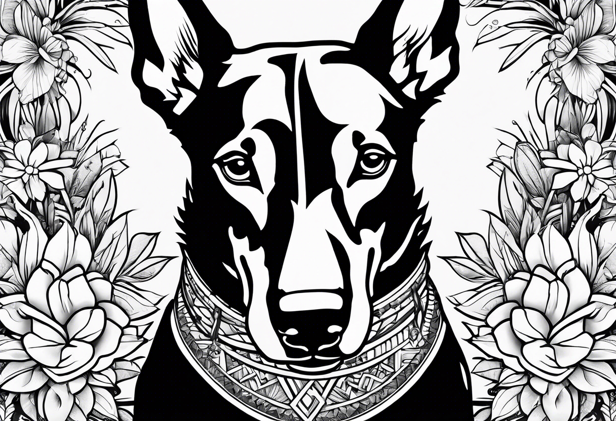 tropical and floral tattoo with doberman intertwined. full arm sleeve tattoo idea