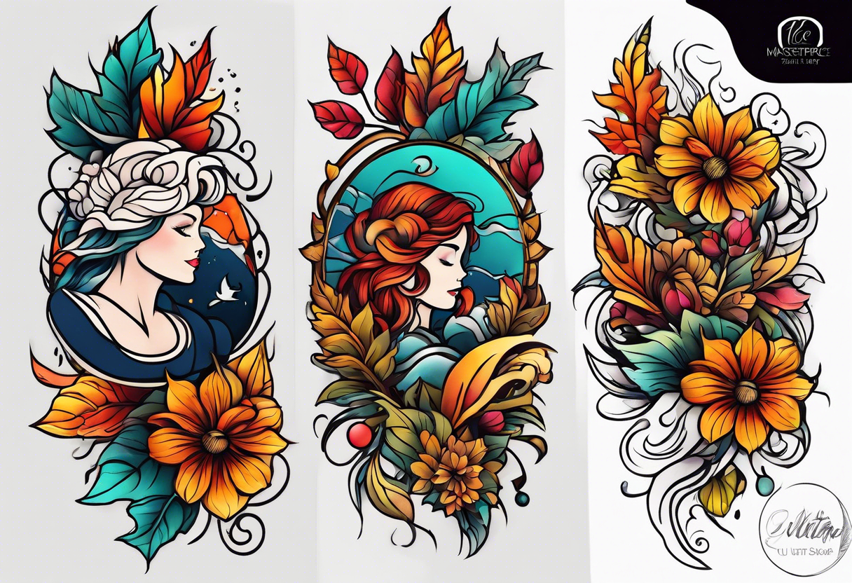 Full arm with fall colors, flowers, water, leaves and various shapes tattoo idea