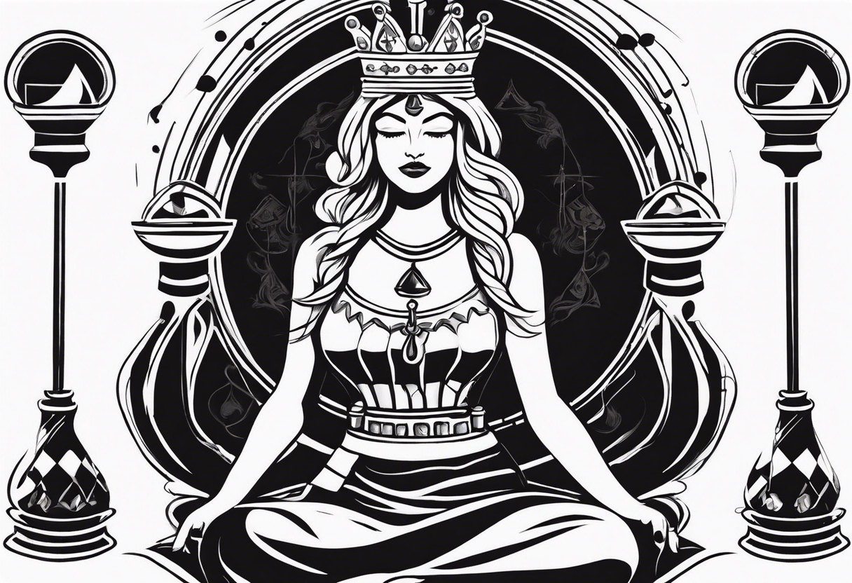 chess queen piece with two pawns on her side with spiritual motifs overhead tattoo idea