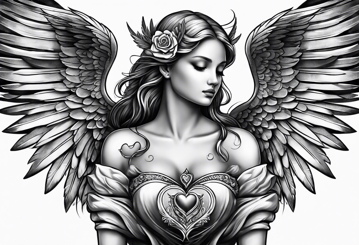 small angel with wings and heart on hands tattoo idea