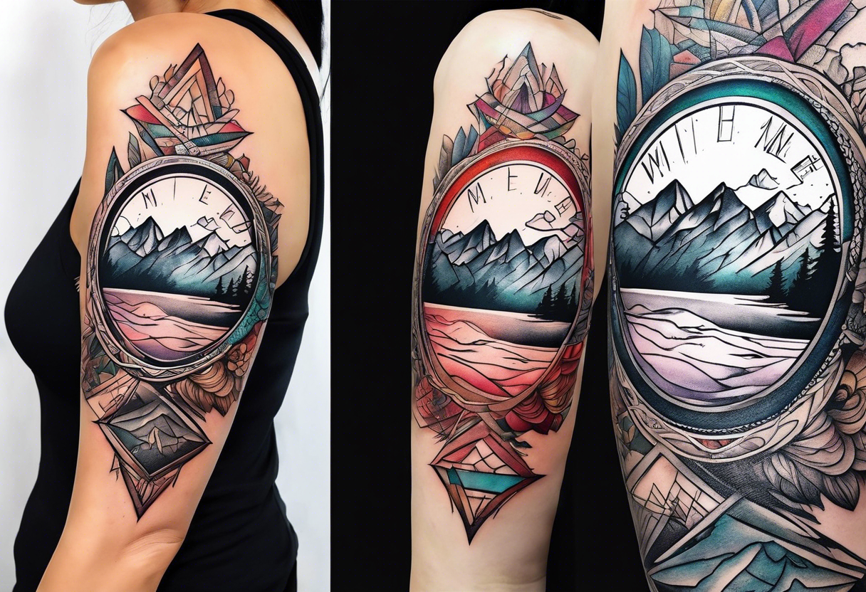 Feminine adventure, mountain scape, compass, cover-up tattoo idea