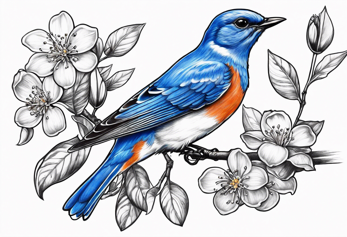 bluebird in flight with an orange blossom branch in its mouth tattoo idea