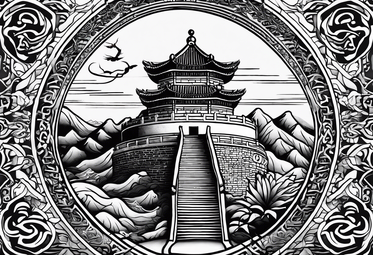 Rat behind Tiger and Snake on the great Wall of China with Temple tattoo idea