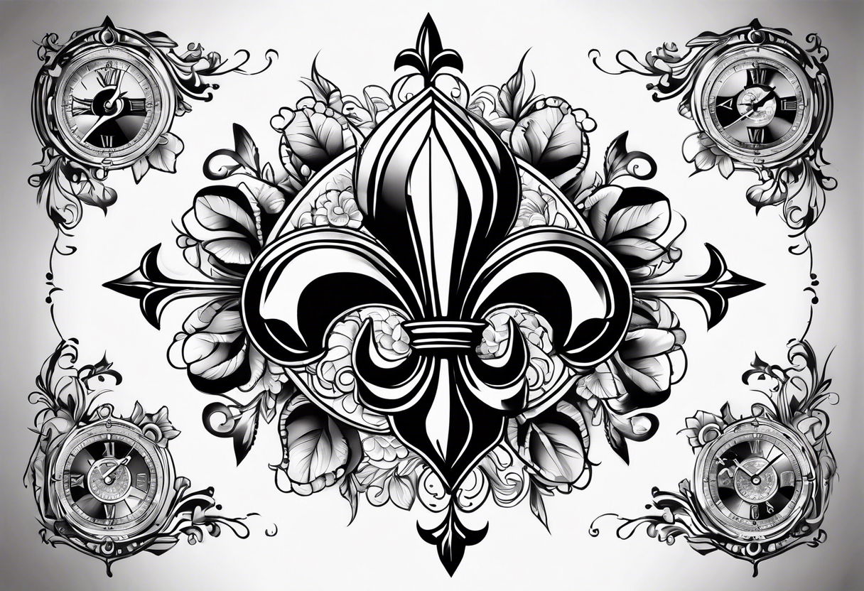 fleur de lis with compass and clock tattoo idea