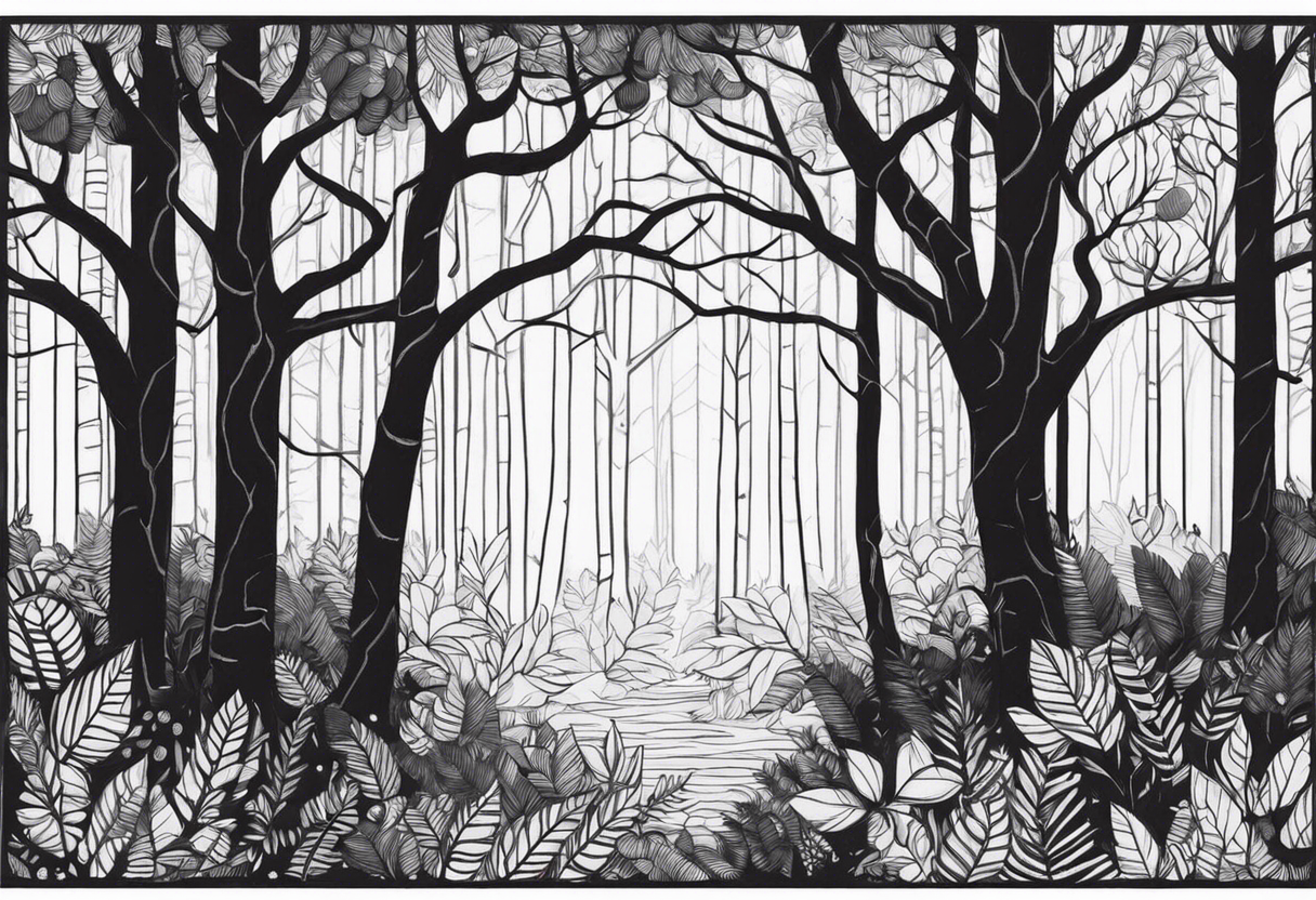 Draw me a Magical forest with s lot of trees in 2D and every tree is black and you see every treetop tattoo idea