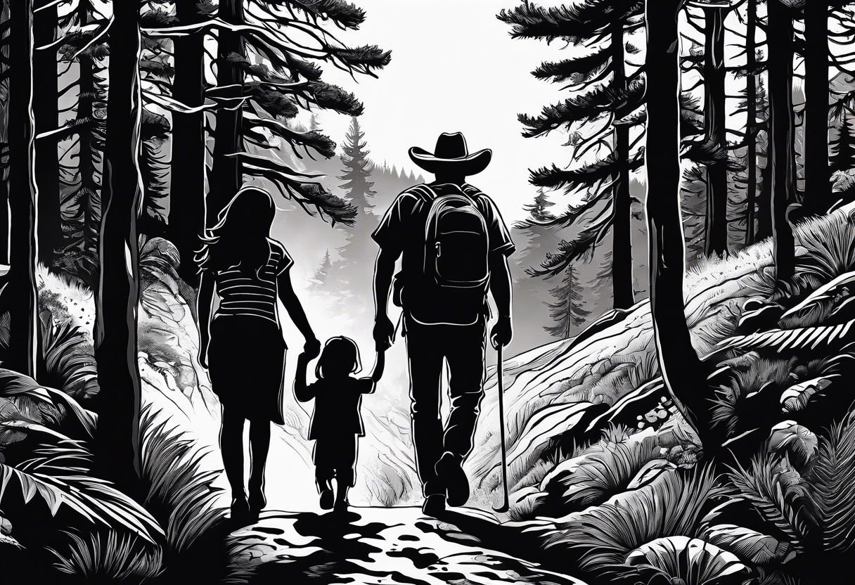 A shadow of a father and wife and young son and young daughter  of four walking through the Pacific Northwest Forrest. Mexican art. Trust in God tattoo idea