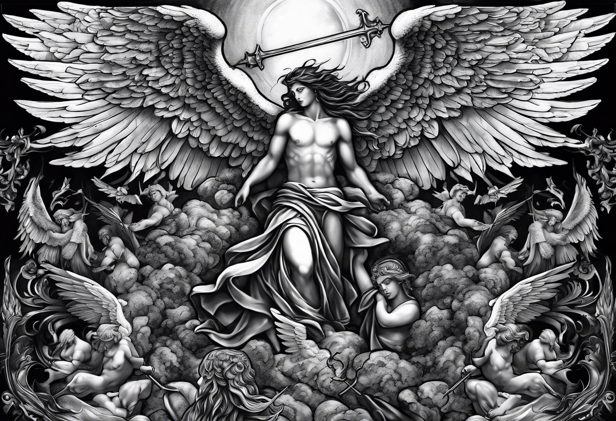 Full back piece depicting the war between angels above and demons below. Make the angels biblically accurate such as seraphim, ophanim, virtues, etc tattoo idea