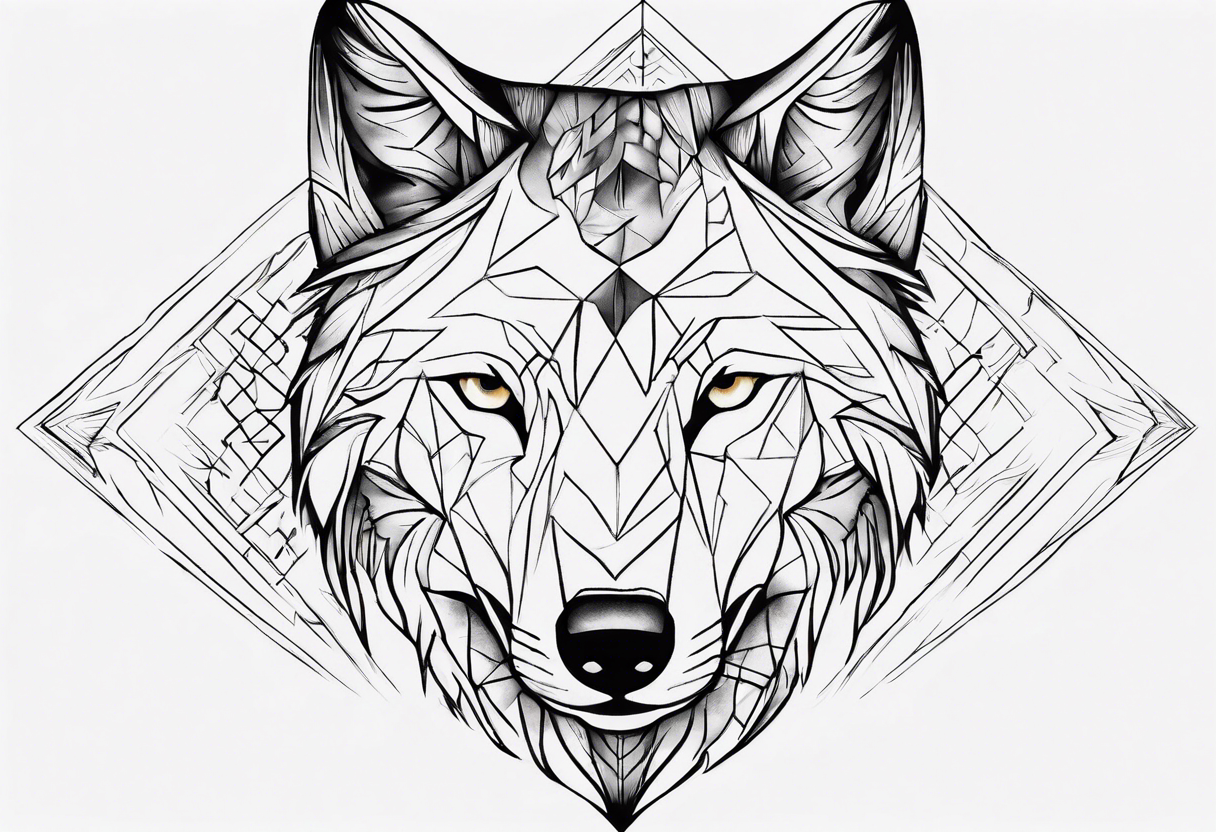 Wolf's face with geometric patterns flowing from it along with impressions of trees, a forest. It should be shaped to fit on a forearm (longer than it is wide) tattoo idea