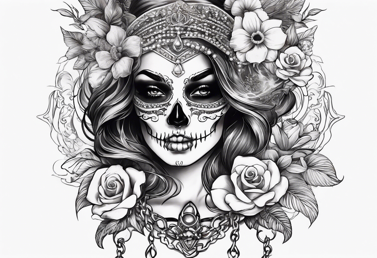 Draw me a Lady like skull with smoke out of his mouth add some flowers underneath with some ornamentals and Chains under it tattoo idea