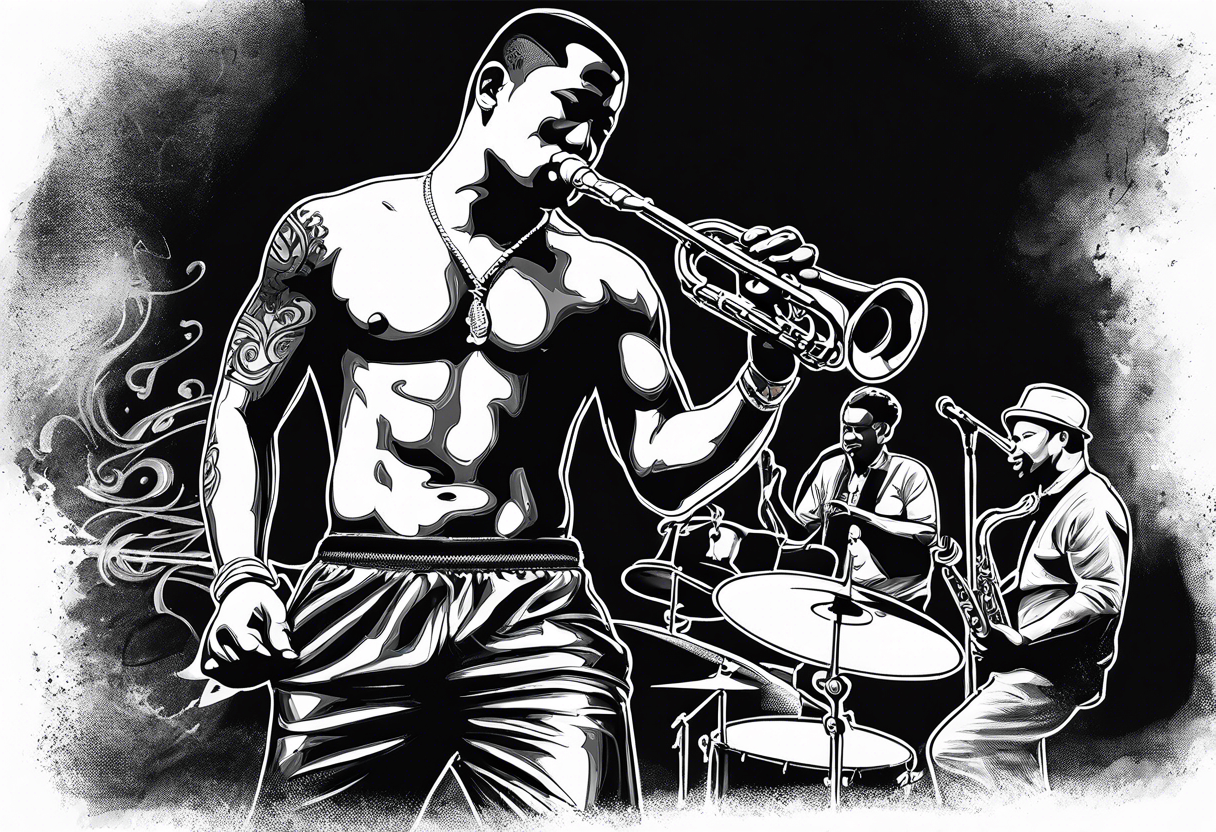 Muay Thai boxer with strong body is playing jazz on a Selmer tenor saxophone in a jazz club front of a jazz trio band. The notes are coming out from the saxophone and turning into buddhist symbols. tattoo idea