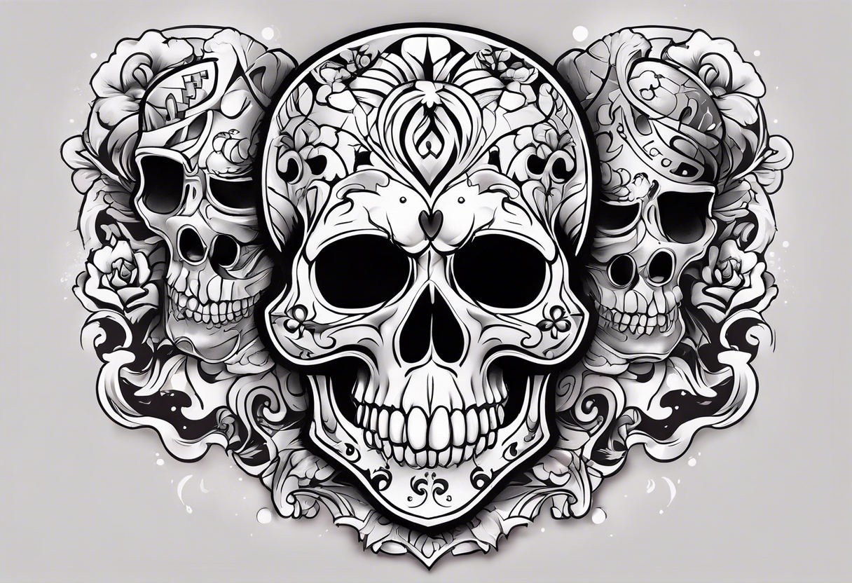 neck tattoo stencil about pain and struggle in new school or polka trash style with funny happy skulls tattoo idea