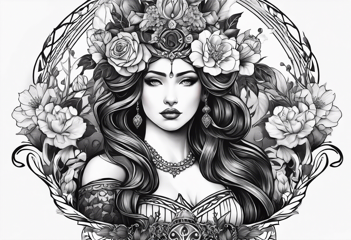 persephone goddess theme tattoo with a dark or gothic perspective. Include pomegranate, flowers and her being the queen of the underwood tattoo idea