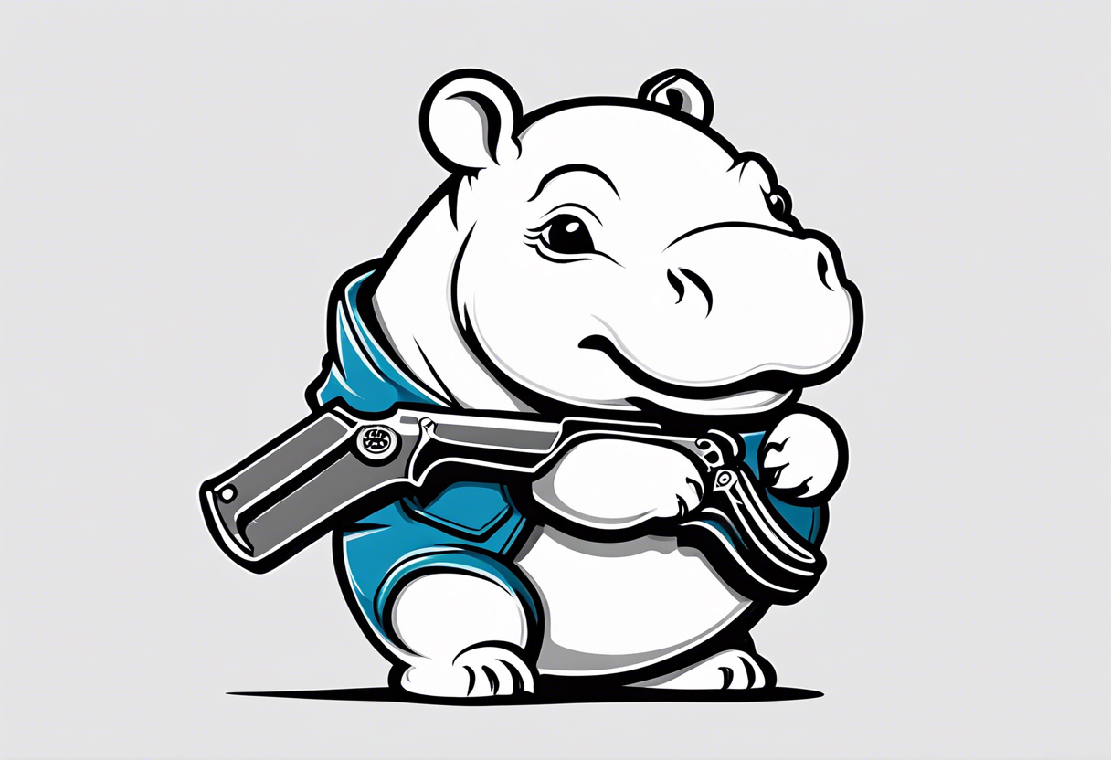 Baby hippo wearing overalls and holding a weapon tattoo idea