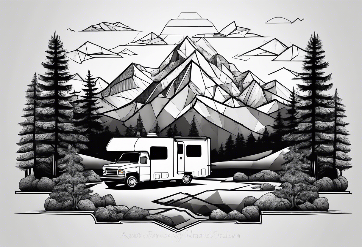 geometric mountains with an rv/truck and trees tattoo idea