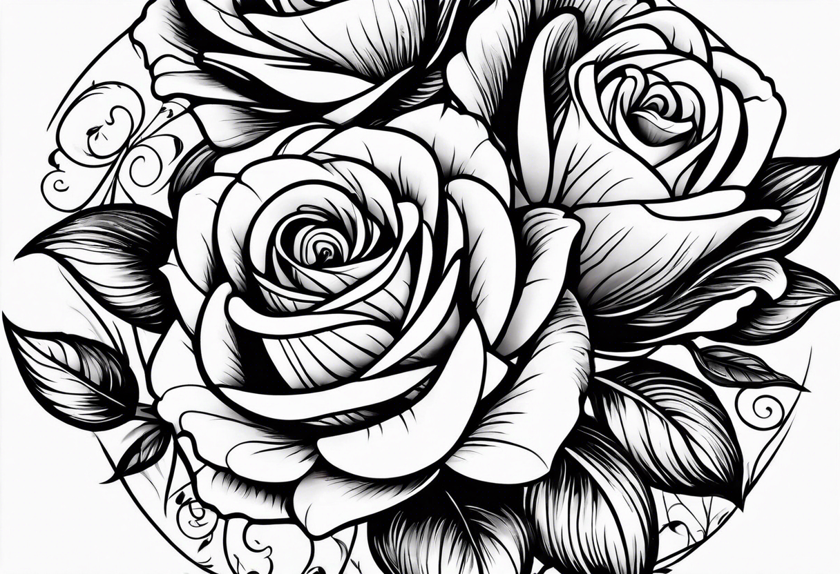 Roses and tulips with decorative swirls tattoo idea