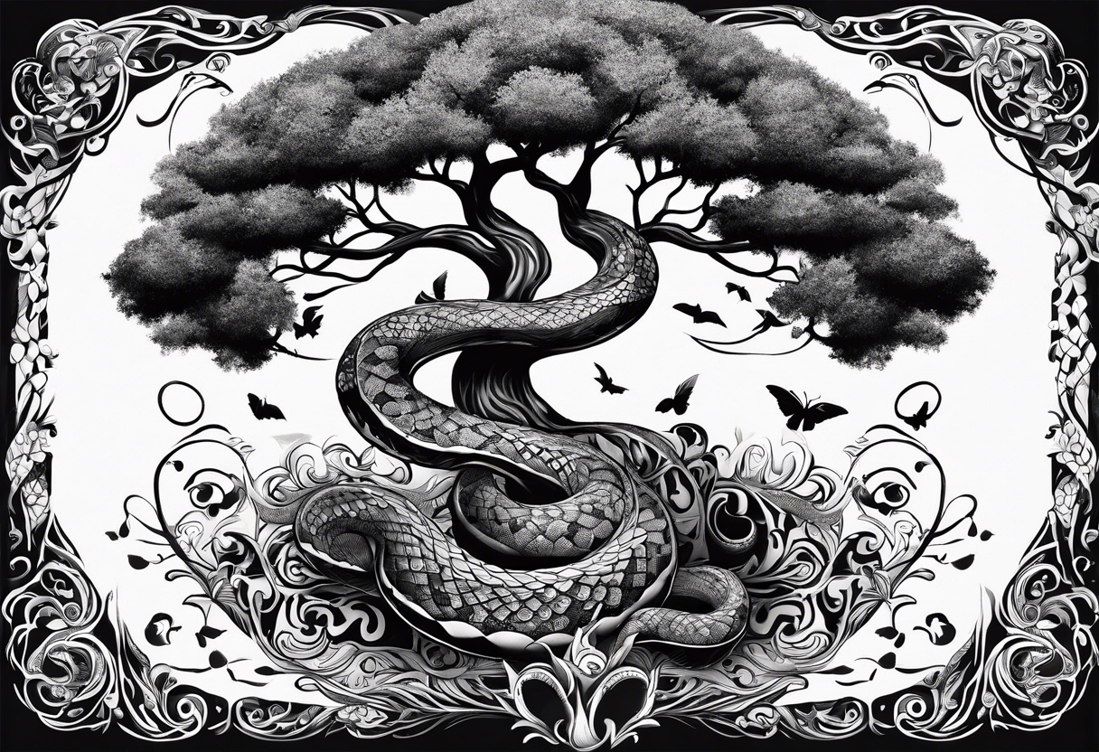 ARBRE DE VIE QUI SE TRANFORME EN SERPENT DANS LE STYLE DISNEY tattoo idea