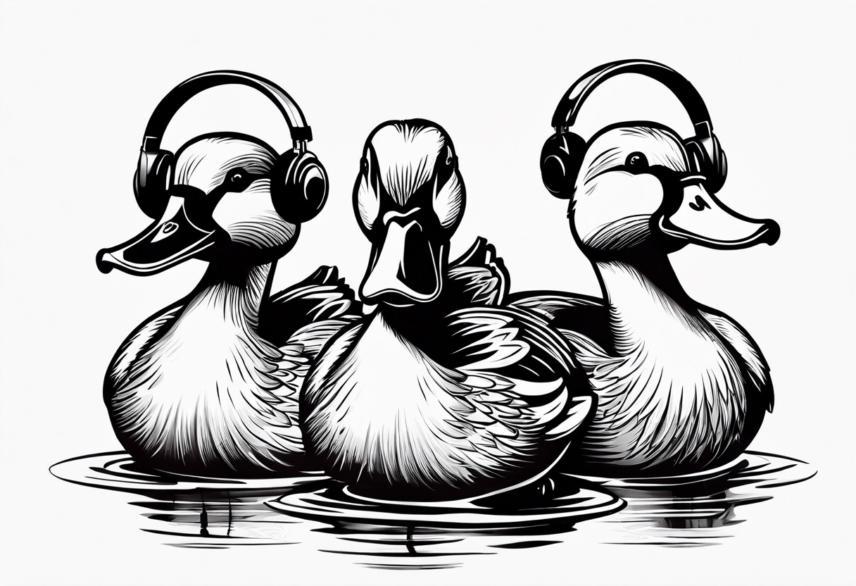 3 ducks in a row

The ducks are rubber duck, cartoonish 

1st duck is holding a roll of paper under its wing

2nd duck is wearing a radio headset 

3rd duck is holding a screwdriver in its bill tattoo idea