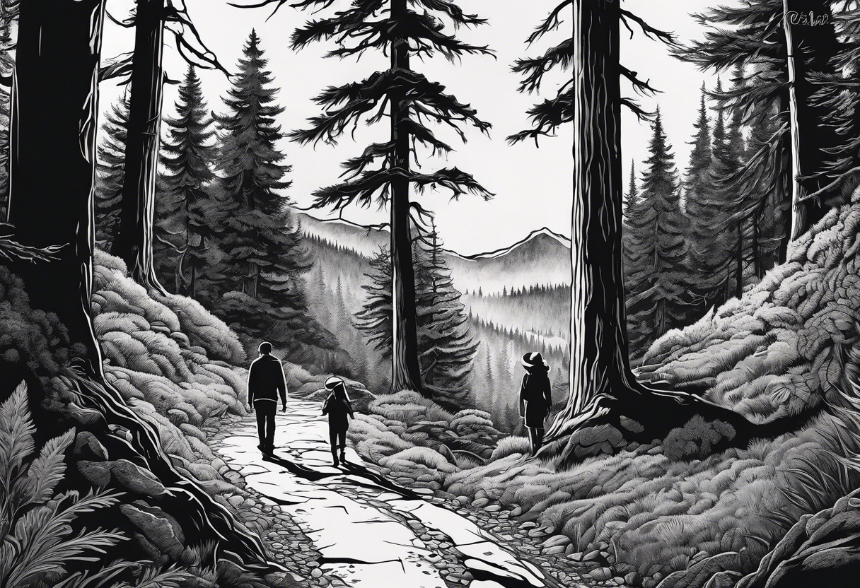 A shadow of a Man and Woman and young son and young daughter  walking through the Pacific Northwest Forrest. Religious tattoo idea