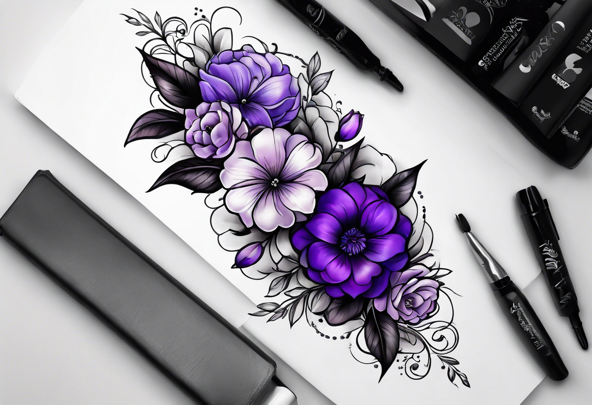 Forearm tattoo with purple flowers to always remember my grandma that passed away with heaven things added like clouds and stairs. tattoo idea