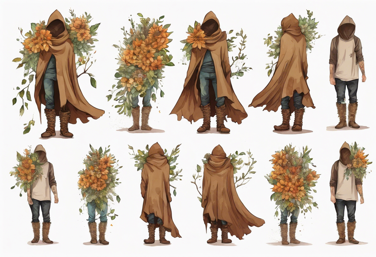 A tall, beautiful tree-man hybrid with leafy hair and a cloak made of flowers. Wearing brown mukluks. tattoo idea