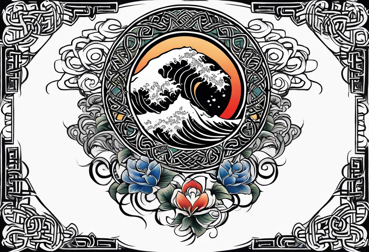 full sleeve. japanese wave mixed in celtic tribal patterns equally. tattoo idea