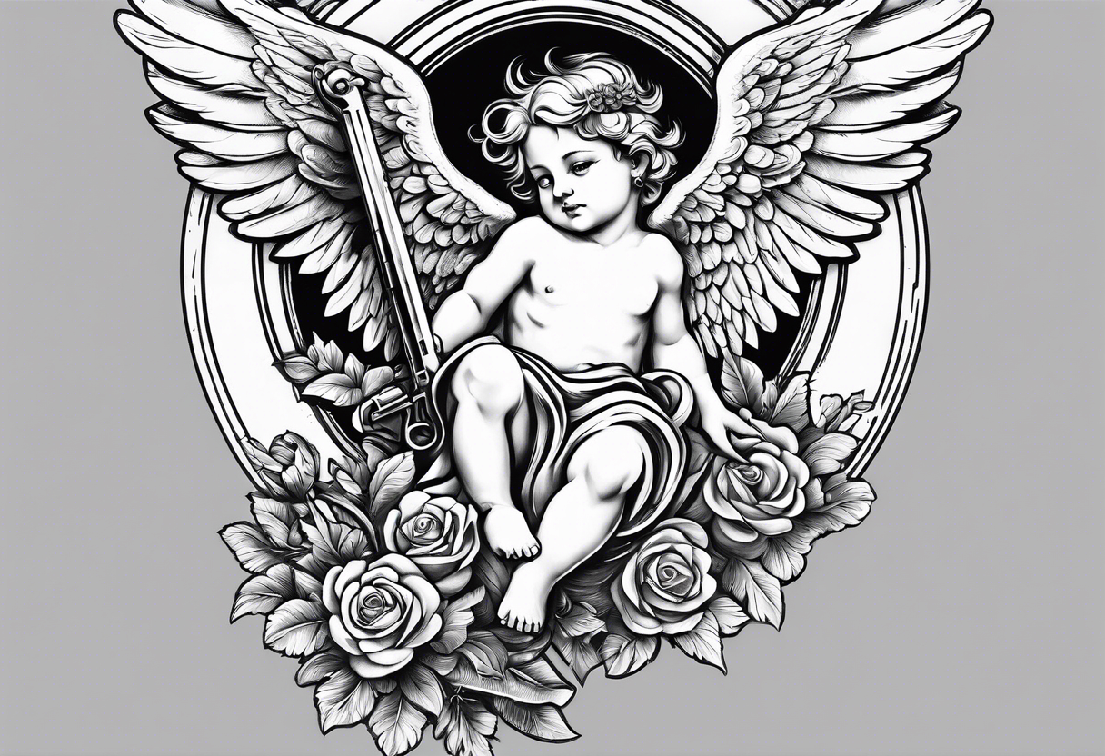 Cherub angel with an uzi in the sky tattoo idea