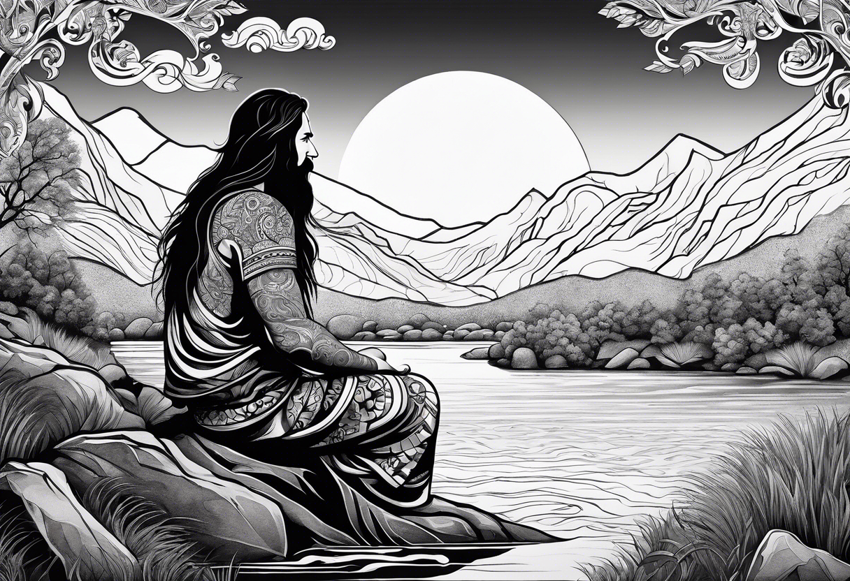 a meditating long haired man by the mountain river, the sky is covered with spiritual pattern tattoo idea