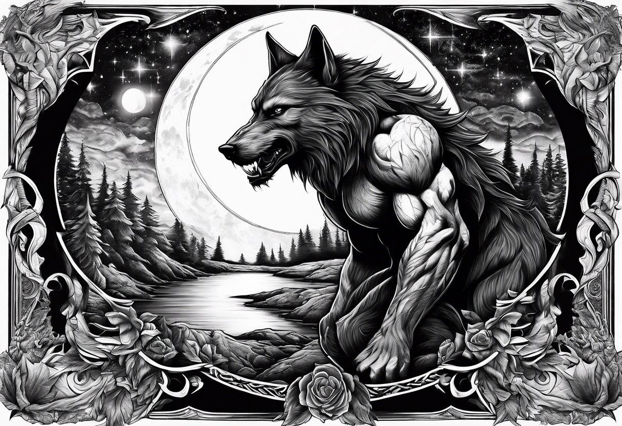 a werewolf transforming in the moonlight tattoo idea