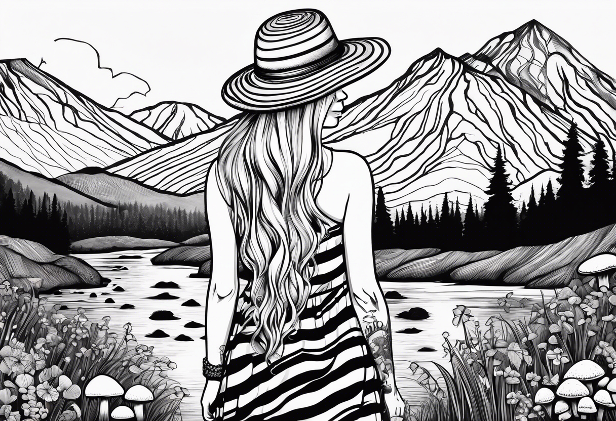 Straight long blonde hair hippie girl in distance holding mushrooms in hand facing away toward mountains and creek surrounded by mushrooms black and white striped dress tattoo idea