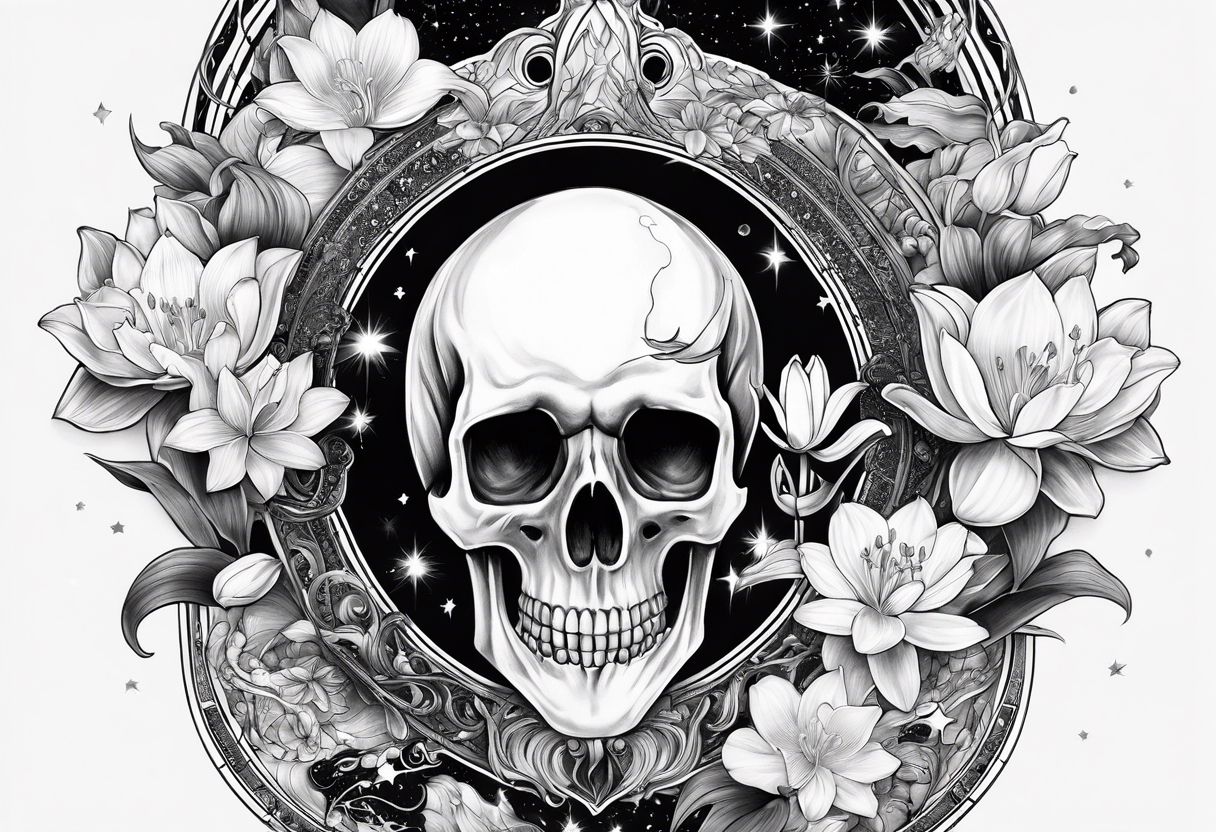 sleeve incorporating science, skulls, roller coaster track, space and stars, water lily, daffodil, lily of the valley tattoo idea