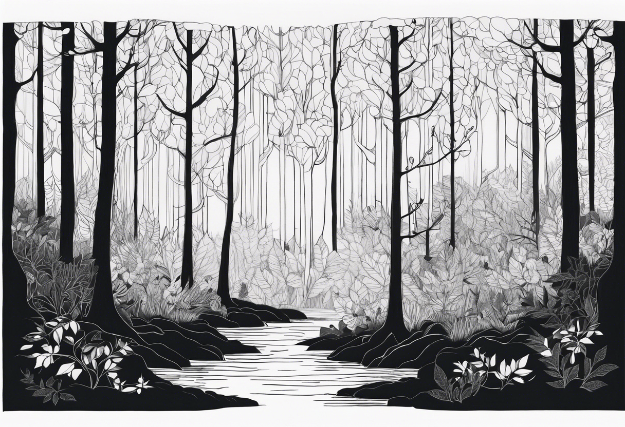 Draw me a Magical forest with s lot of trees in 2D and every tree is black and you see every trees leafs tattoo idea