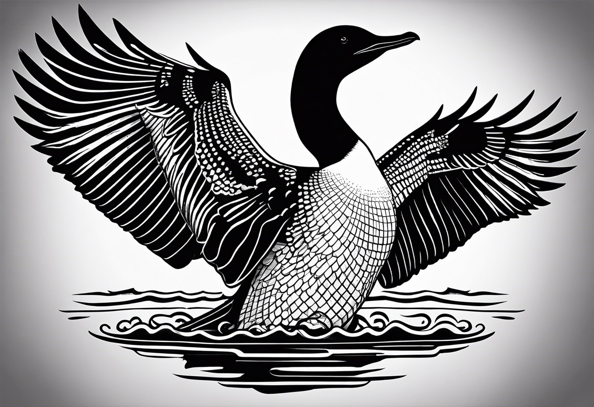 A North American common loon looking majestic as it spreads its wings in the water. On the mid-upper thigh. It should be a vertical tattoo and head on of the loon. tattoo idea