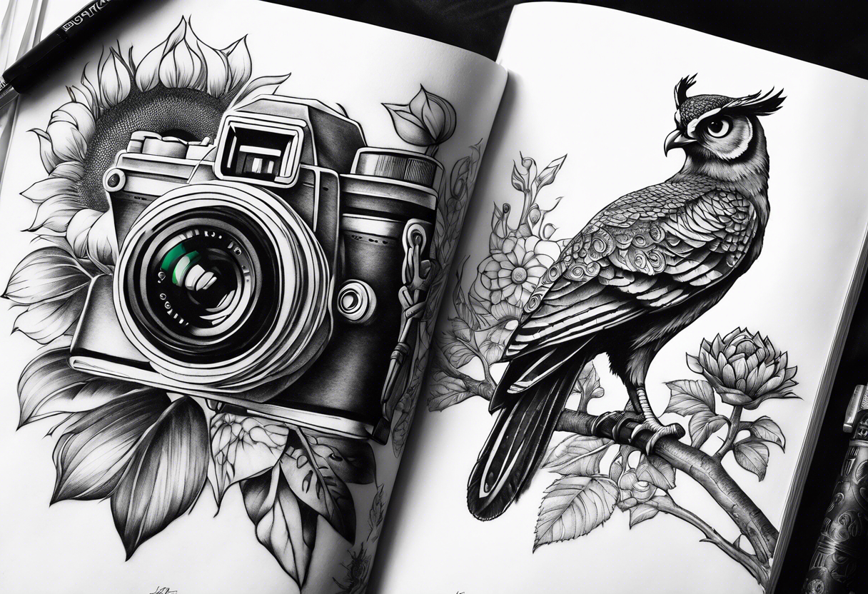 Sunflower, camera, book, peacock, owl tattoo idea