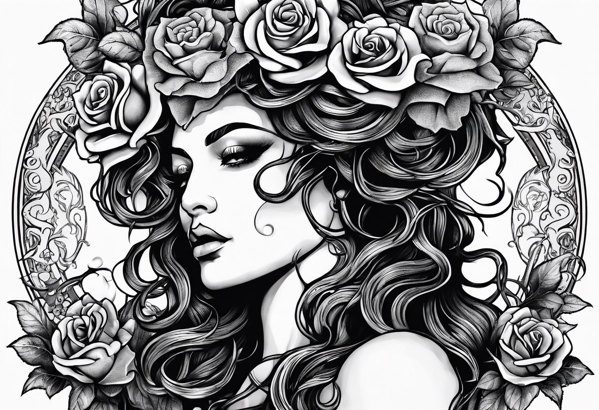 Medusa with decaying roses and the words never surrender at the base tattoo idea